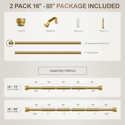 2 Pack Modern Gold Curtain Rods for Windows 48 to 84 Inches Adjustable Length Heavy Duty 1" Diameter Brass Window Curtain Rod with Solid Metal Finials for Outdoor Farmhouse Bedroom Kitchen Living Room