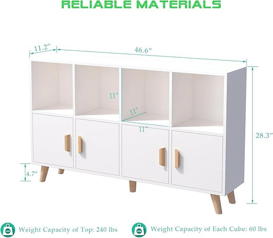 Cubby Shelf Bookcase with Doors - Wooden 8 Cube Floor Standing Open Bookshelf with Solid Wood Legs, 2-Tier Low Storage Cabinet, Warm White