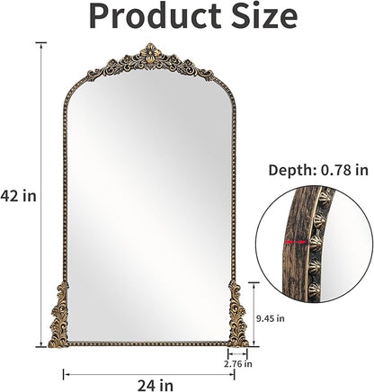 Vintage Arched Mirror, 24"x 42"Antique Baroque Mirror Style Metal Beaded Frame for Entryway Hallway Living Room,Vintage Black