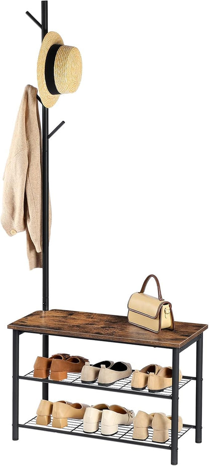 HOOBRO Coat Rack Shoe Bench, 3-Tier Shoe Rack, Industrial Shoe Organizer Storage Bench, Entry Bench with Mesh Shelves, for Entryway, Living Room, Hallway, Easy Assembly, Rustic Brown BF12HX01