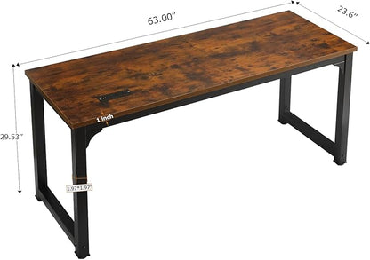 Large Computer Desk - 63 Inch Home Office Desks Study Student Writing Table Gaming Desk Wood Modern Simple Table with USB Ports, Rustic Brown