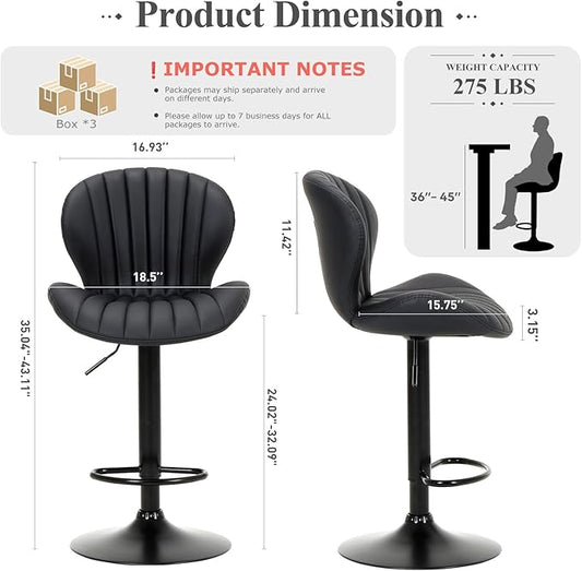 COLAMY Bar Stools Set of 3, Modern Swivel Bar Chairs, Adjustable Faux Leather Upholstered Barstools Counter Height with High Backrest for Bar, Kitchen Island, Dining Room, Black