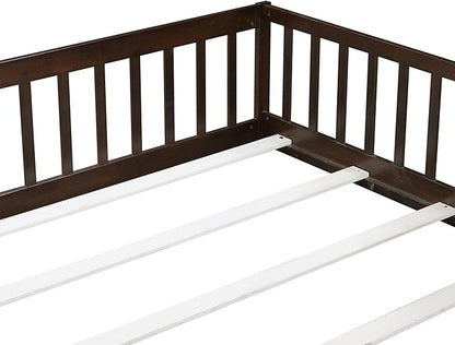 Queen Size Floor Bed Frame with Slats and Safety Guardrail, Wood Queen Size Montessori Floor Bed with Door and Fence, Easy Assemble Montessori Beds for Kids, Girls, Boys, Espresso