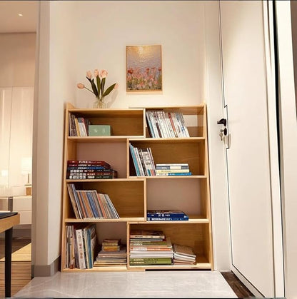 Wooden Extendable Bookcase,Open Low Bookshelf, 4-Shelf Storage Unit, Freestanding Bookcase for Small Spaces or Corners, Stylish Shelves for Living Room and Office (Wood Color, L)