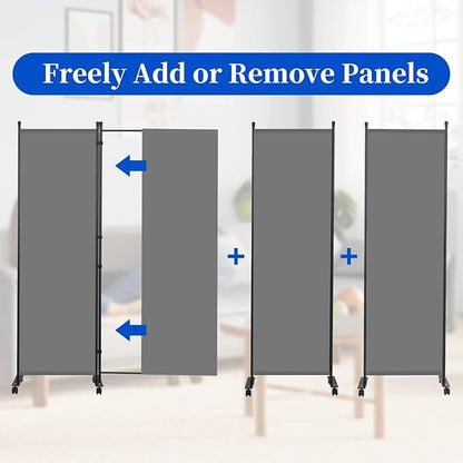 Room Divider 6FT Room Partition with Lockable Wheels, 1 Panel (Thicked Metal Base) Room Dividers, Freestanding Indoor Folding Privacy Screens, Portable Fabric Wall Divider for Room Separation, Grey