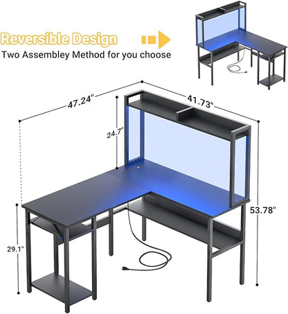 Unikito L Shaped Gaming Desk with LED Strip and Power Outlets, Reversible L-Shaped Computer Desk with Storage Shelves, Corner Desk with Hutch, 2 Person Home Office Desk, Black