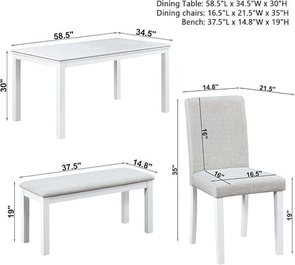 Dining Table Set for 5, 6 Piece Dining Room Table Set with Rectangular Crystal Decoration Table, 4 Upholstered Backrest Chairs and Bench, Counter Height Kitchen Sets with MDF Tabletop, White