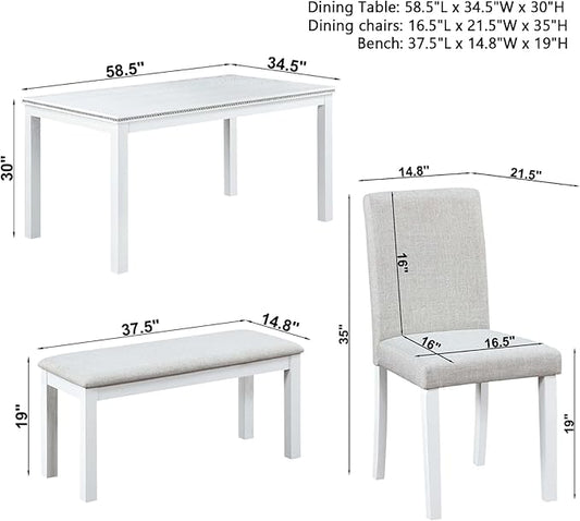 Dining Table Set for 5, 6 Piece Dining Room Table Set with Rectangular Crystal Decoration Table, 4 Upholstered Backrest Chairs and Bench, Counter Height Kitchen Sets with MDF Tabletop, White