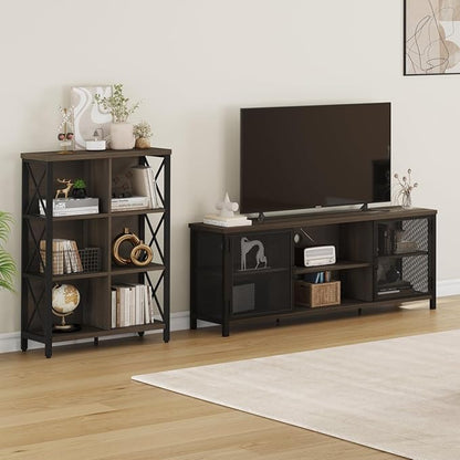 FATORRI Industrial Entertainment Center for TVs up to 55 60 65 Inch, Rustic Wood TV Stand, Large TV Console Cabinet with Doors for Living Room (60 Inch Wide, Walnut Brown)