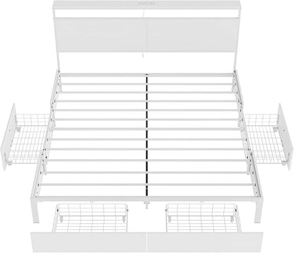 King Bed Frame with 4 Storage Drawers Bed Frame King Size with Headboard LED Lights Charging Station Metal Slats Platform Heavy-Duty Support No Box Spring Needed White