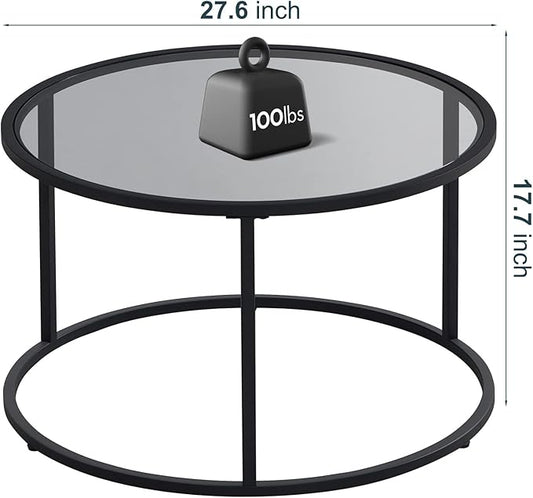 SAYGOER Round Coffee Table Glass Coffee Tables for Small Space Simple Modern Center Table for Living Room Home Office, Sofa Side Table with Metal Steel Frame, Easy Assembly, Gray Black