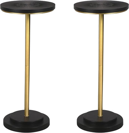Drink Table Set of 2, Small Round Pedestal Side Table with Carved Top for Living Room, Bedroom, Small Space, Corners and Office, Gold and Black