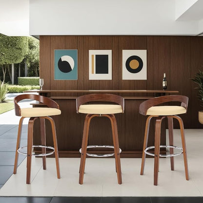 Armen Living Sonia 30" Bar Height Swivel Cream Faux Leather and Walnut Wood Bar Stool