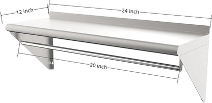 12''x24'' Wall Mounted Stainless Steel Shelf with Suspension Rod, NSF Commercial Metal Wall Mounted Floating Shelf for Kitchens, Restaurants, Food Trucks, Garages, Homes and Hotels