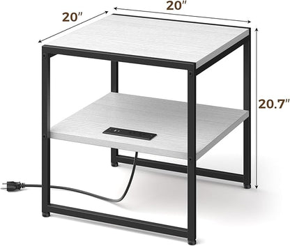 Tatub 20" End Table with Charging Station, Industrial Square Side Table with USB Ports & Outlets, Versatile 2-Tier Small Nightstand for Bedroom Living Room, White