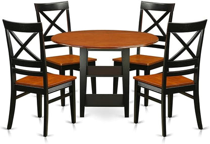East West Furniture SUQU5-BCH-W 5 Piece Modern Dining Table Set Includes a Round Wooden Table with Dropleaf & Shelves and 4 Kitchen Dining Chairs, 42x42 Inch, Black & Cherry