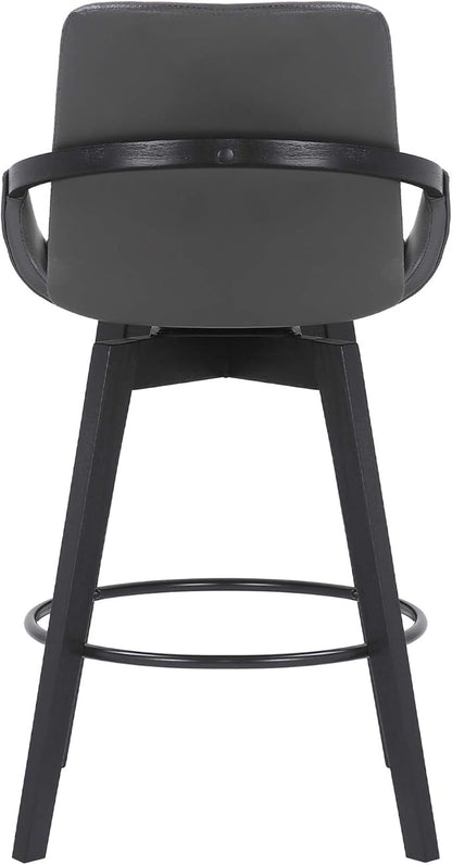 Armen Living Baylor Mid Century Modern Swivel Bar Stool for Kitchen Island Counter in Gray Faux Leather and Black Wood, 26" Seat Height