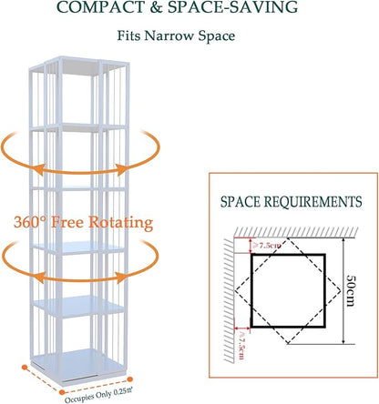 Square Rotating Bookshelf Tower - 360 Spinning Display Corner Bookcase for Narrow Space, Modern 5-Tier Revolving Storage Shelf, White