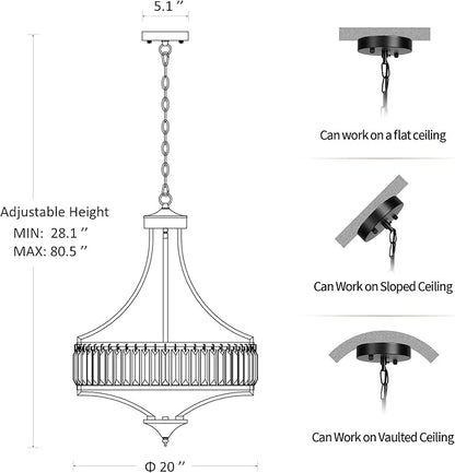 20" Brushed Nickel Chandeliers for Dining Room, 5-Light Modern Crystal Chandelier for Entryway, Hanging Round Light Fixture for Kitchen Island Living Room Bedroom Office Bathroom Staircase