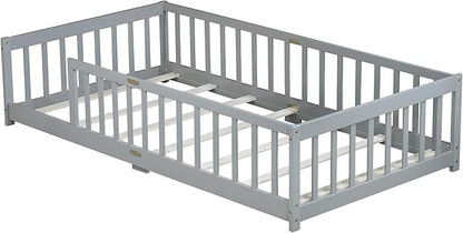 Bellemave Twin Floor Bed with Slats and Safety Guardrails, Kids Montessori Floor Beds with Fence and Without Door, Easy Assemble Floor Bed for Kids, Girls, Boys, Gary