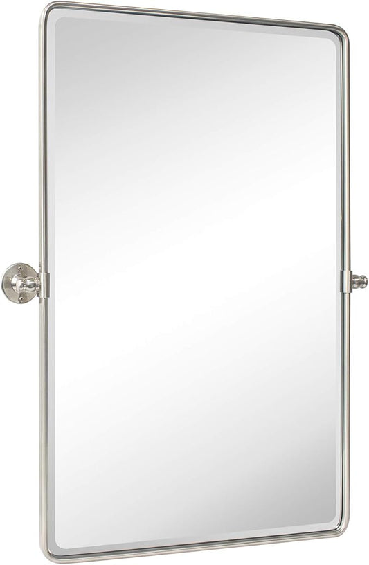 TEHOME 20x30'' Brushed Nickel Pivot Mirror Rectangle Bathroom Vanity Mirror Brushed Silver Rounded Corner Metal Framed Tilting Beveled Vanity Wall Mirrors