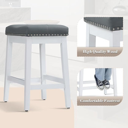 Athena Collection Bar Stools Set of 2, 25 Inches Counter Height Bar Stools Backless with Footrest, Leather Upholstered Saddle Barstools with Nailhead Trim for Kitchen Island, Counter, Grey White