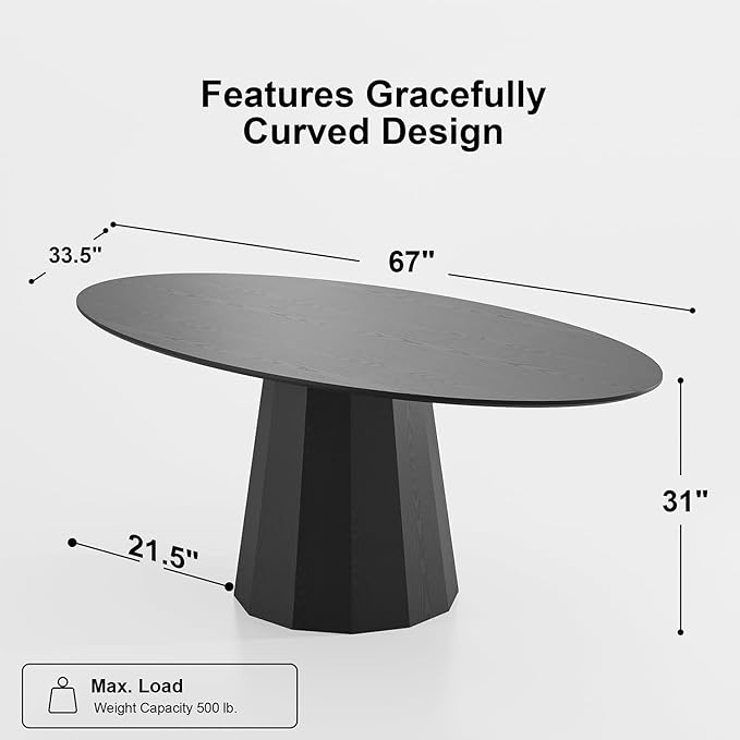 Casaphoria 67" Oval Dining Table, Modern Wood Kitchen Table with Cone Shaped Strip Polygonal Base for Living Room & Dining Room, Easy Assembly Farmhouse Furniture for 4-6, Black