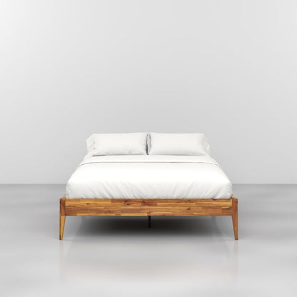 Bme Dinkee Wooden Queen Bed Frame, 15 Inch Height, Elegant Minimalist Modern Design with Japanese Joinery, Durable Wood Slats for Reliable Support, No Box Spring Required, Caramel