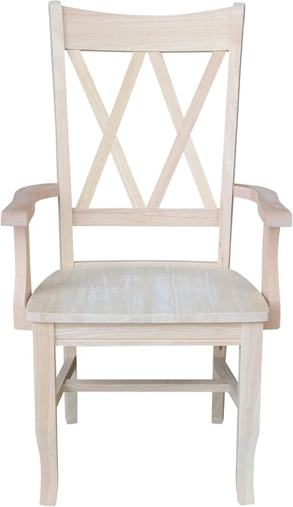 Solid Wood Double X-Back Dining Chair with Arms in Unfinished Parawood, Classic Kitchen/Dining Furniture, Stainable & Paintable, 23.6" W x 22" D x 41.3" H, Wide Arm Width, Traditional & Durable