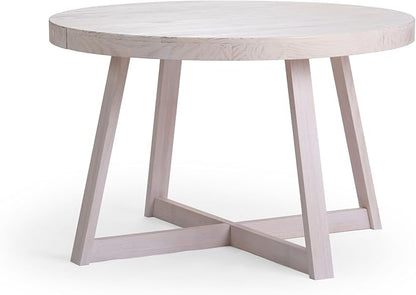 Plank+Beam Round Dining Table, 47 Inch Solid Wood Kitchen Table, Farmhouse Round Table for 4, Small Dinette Table, White Sand Wirebrush