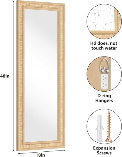 Rattan Wall Mirror with Wooden Framed 18 X 48 inch Farmhouse Rectangle Wood Mirror for Modern Decorative Bathroom, Living Room, Entryway, Bedroom