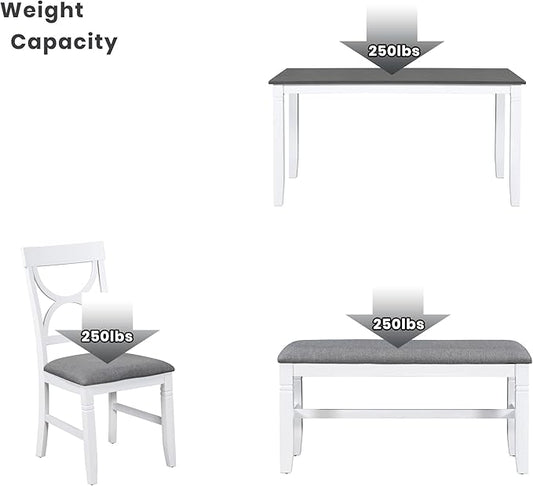 Ball & Cast 6 Piece Wood Dining Table Set,Kitchen Table Set with Upholstered Bench and 4 Dining Chairs,Farmhouse Living Room Furniture w/Carved Legs & Round Backrest,for Dining Room,Gray+White