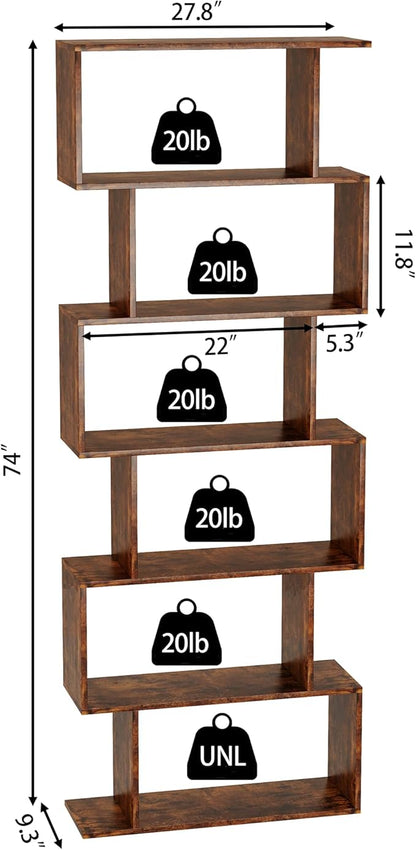 Yusong Geometric Bookcase, Bookshelf 6-Tier S Shaped Book Shelves for Bedroom, Modern Wood Decorative Display Shelf Tall Book Case for Home Office, Rustic Brown