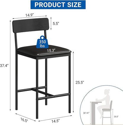 GarveeHome Bar Stools Set of 4, Upholstered Counter Height Bar Stools with Backrest and Footrest, Kitchen Barstools for Island, Counter Bar, Easy Assembly, Rustic Black