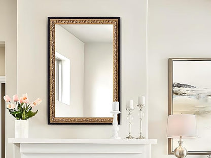 Gold Vintage Mirror 40”x28”, Black Gold Decorative Mirror with Gold Foil Flower Petal Carvings Wooden Frame for Luxe Living Room, Entryway, Bathroom and Bedroom
