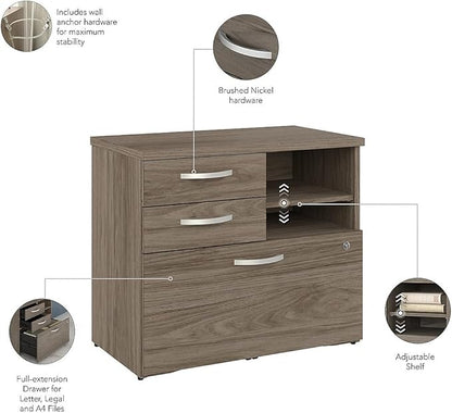 Bush Business Furniture Studio C Office Storage Cabinet with Drawers and Shelves in Modern Hickory, Organization for Home or Professional Workspace