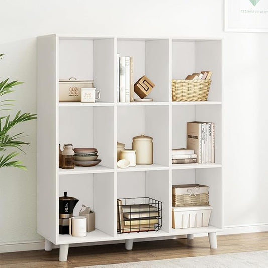 IOTXY Open Cube Low Bookcase - 3-Tier Freestanding Storage Display Cabinet Organizer with Legs for Home Office, 9-Cubes Open Shelf Short Bookshelf, White