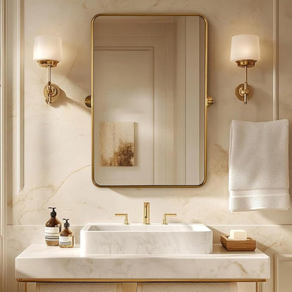 ANDY STAR Gold Pivot Mirror, 20" x 28" Brushed Brass Metal Frame Vanity Mirrors for Over Sink, Farmhouse Rectangle Bathroom Mirror with Adjustable Tilting Design Wall Mounted