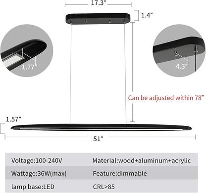 51" Wood Linear Pendant Light Black Linear Pendant Dinning Room Hanging Lights LED Dimmable Chandeliers 36w for Dining Room Pool Table Lights Kitchen Island Light Black