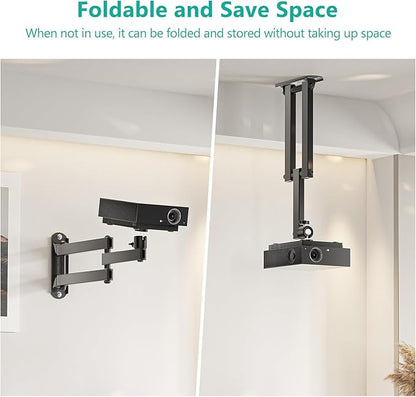 WALI Foldable Projector Wall Mount Universal Adjustable Wall Projector Mount Aluminum Alloy Projectors Stand,1/4" M4 M6 Screw Size,(1330LM-PM), Black