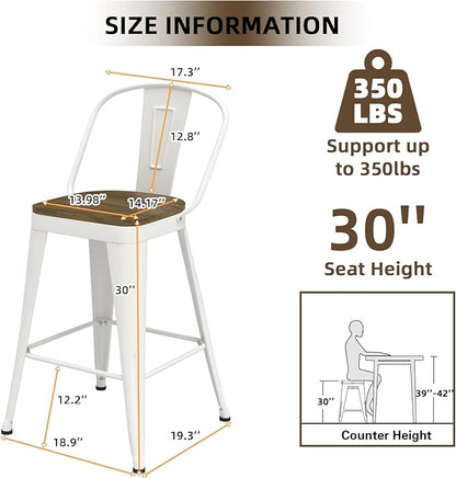 Metal Bar Stools Set of 4, High Back Bar Stools with Wooden Seat, 30 inch White Barstools for Kitchen Island