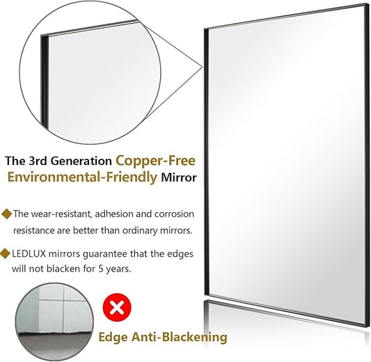 24x32 Inch Black Bathroom Mirror, Copper-Free Aluminum Alloy Frame Vanity Mirror, Rectangle Wall Mounted Modern Mirror for Bedroom/Living Room/Porch Horizontal or Vertical