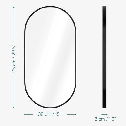 Navaris Oval Wall Mirror - 29.5" x 15" - Wall Mounted Hanging Mirror with Black Rustproof Aluminum Frame - Mirror for Bathroom Restroom Hallway