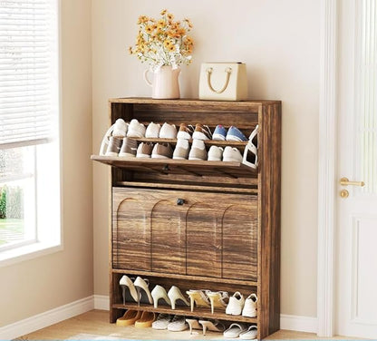LITTLE TREE Shoe Cabinet Storage for Entryway with 2 Flip Drawers, Narrow Hidden Freestanding Organizer, Skinny Farmhouse Shoes Closet with Rack, for Entryway,Hallway, Living Room,Rustic Brown