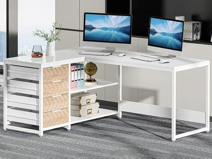 Tribesigns L Shaped Computer Desk with Storage Drawers, 59 inch Corner Desk with Shelves, Reversible L-Shaped Office Desk Study Writing Table Workstation for Home Office, White