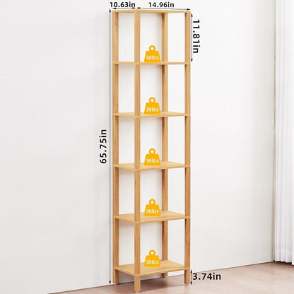 66in Tall Bookshelf 6-Tier Small Narrow Bookcase, Skinny Book Shelf for Small Space, Farmhouse Slim Shelf with Storage, Wood Freestanding Display Thin Bookshelves for Living Room, Natural