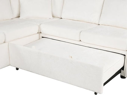 112" Luxurious Pull-out Sofa Bed Sleeper with Storage Ottoman,Sectional Sleeper Couch W/ 3 Pillows,2 USB ports & 2 Power Sockets,Corner Furniture Set for Living Room Large Space,Cream Chenille