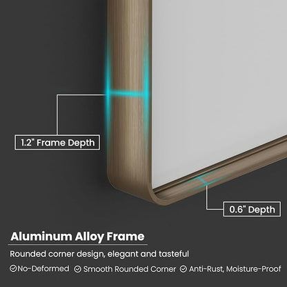 Bronze Bathroom Mirror 60x30 Inch, Brushed Bronze Metal Frame Mirror for Wall, Rounded Rectangle Bathroom Vanity Mirror with Tempered Glass, Anti-Rust, Horizontal/Vertical
