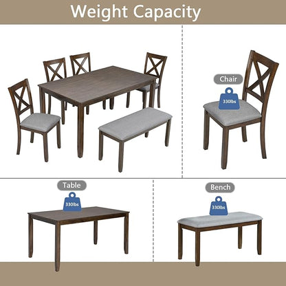 soges 6 Piece Kitchen Dining Set, Rectangular Wooden Dining Table with 4 Upholstered Chairs and a Bench, Dining Table Set for 6 People, Living Room, Home Bar and Kitchen, Walnut