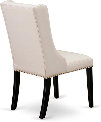 NKFO7-SBB-01-7-Piece Dining Set Consists of a Dining Table and 6 Cream Linen Fabric Kitchen Chairs & Black Legs with Button Tufted Back - Sand Blasting Black Finish.